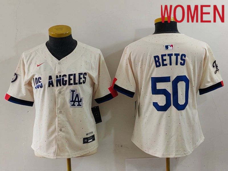 Women Los Angeles Dodgers 50 Betts Cream Fashion Nike Game MLB Jersey style 7035
